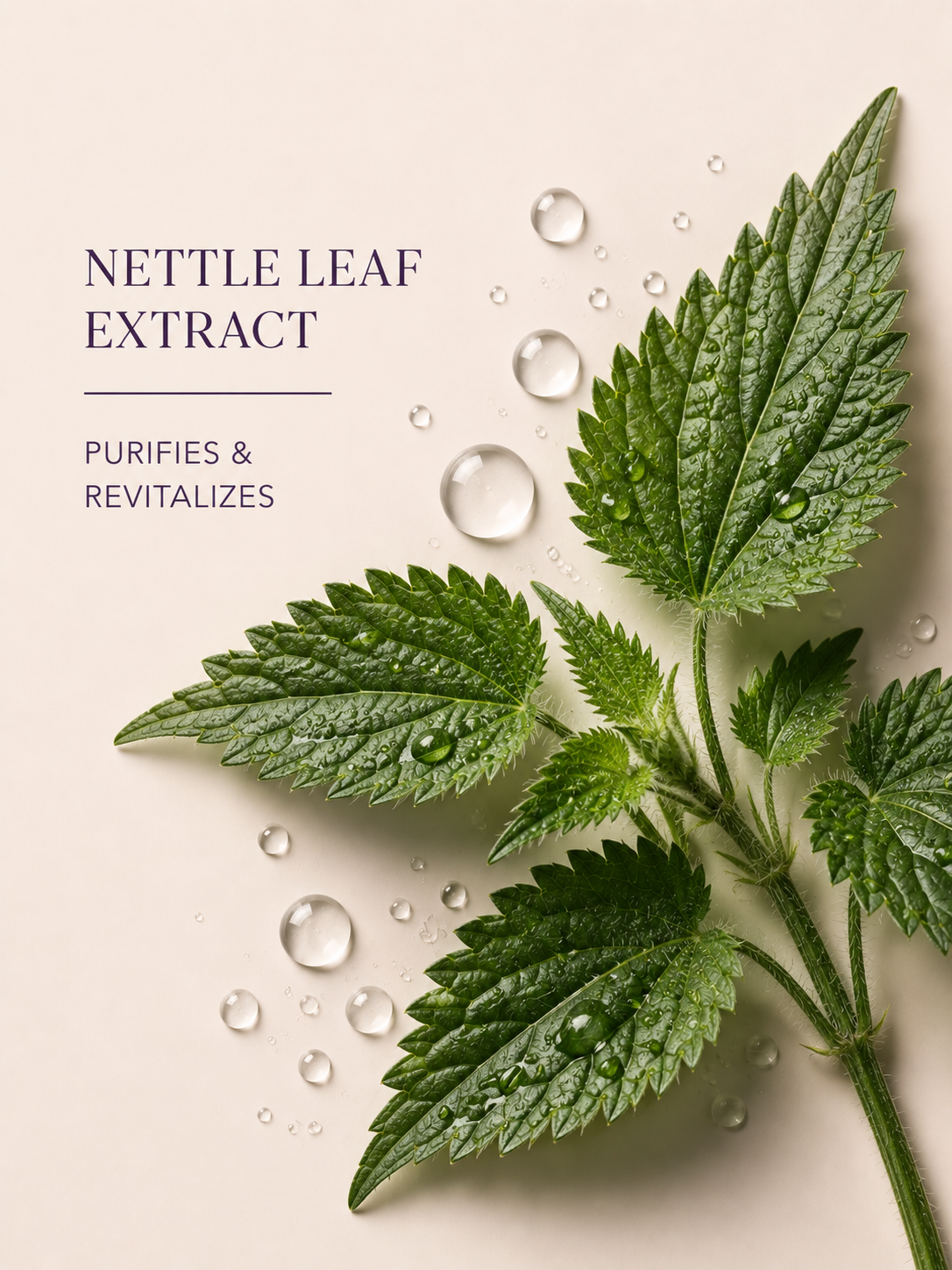 Nettle leaf extract with water droplets on a light background