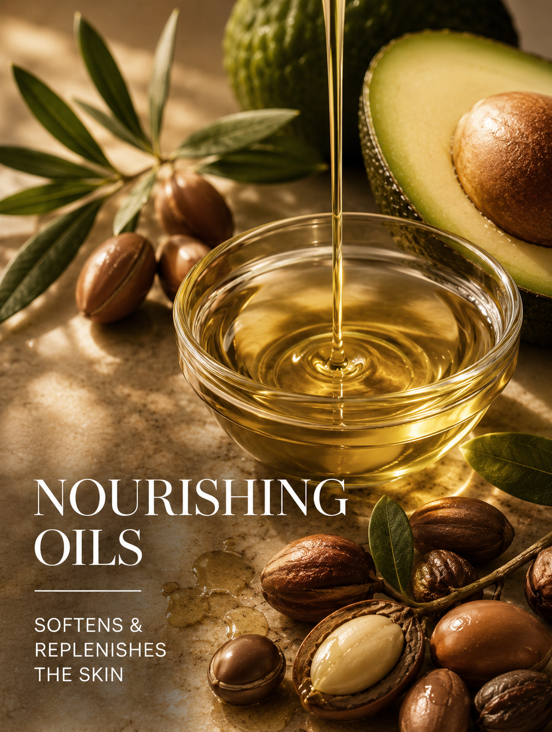 Glass bowl of oil with avocado and seeds on a textured surface, labeled 'Nourishing Oils'.