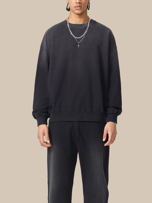 Model wearing a Future-Homme Ombre Effect drop shoulder black cotton sweatshirt 350 GSM front side on a white background 