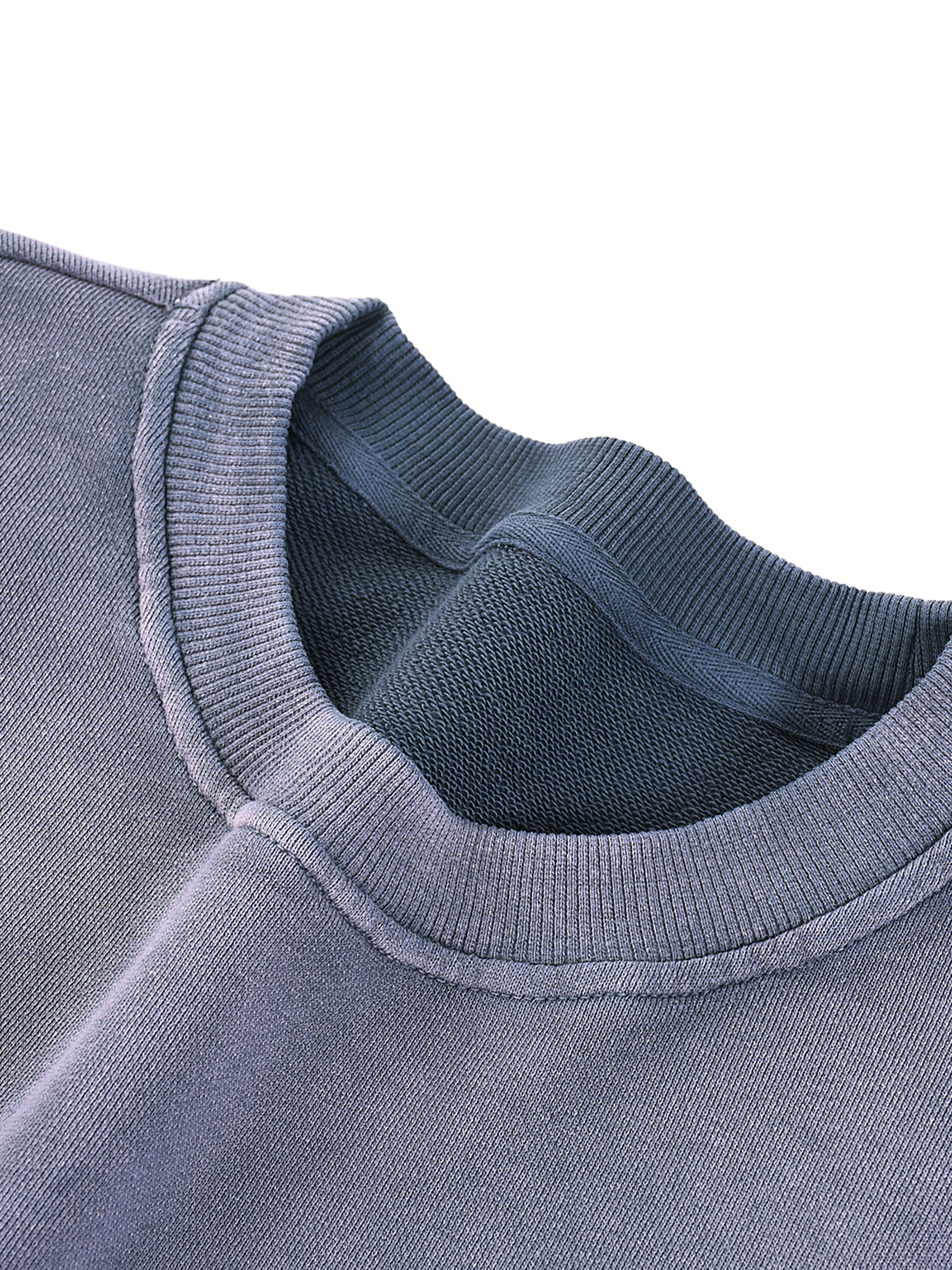 Flat lay of a Future-Homme Ombre Effect drop shoulder blue cotton sweatshirt 350 GSM close up of crewneck on a white background 