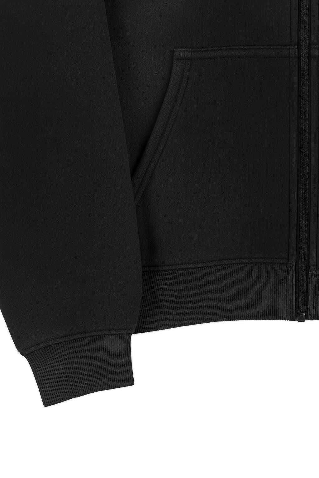 Future-Homme OmbreEffect two way zipper Close-up in 355 GSM of a black zip hoodie with a zipper on a white background