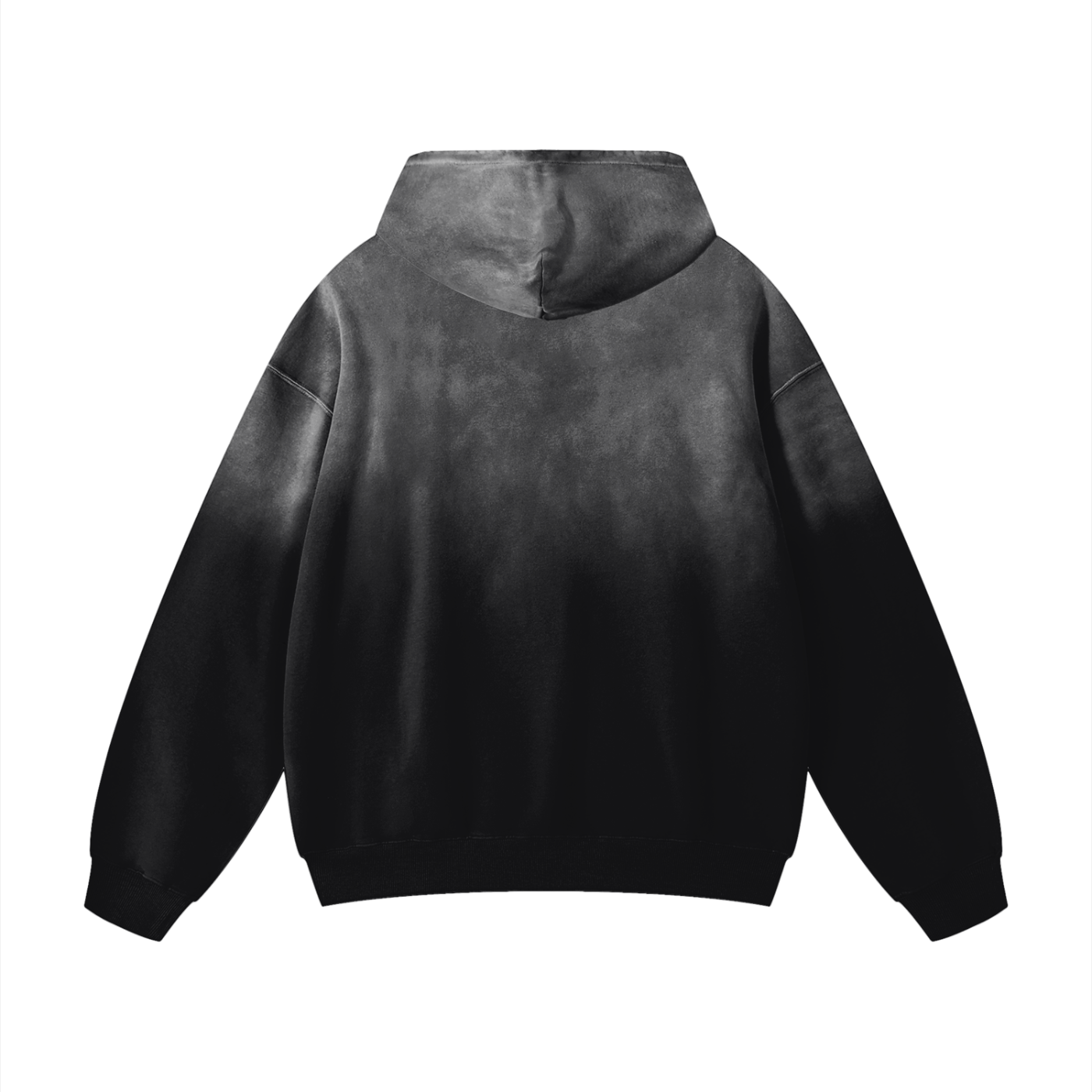 Sustainable Future-Homme Ombre Hoodie with kangaroo pockets backside on a white background. 
