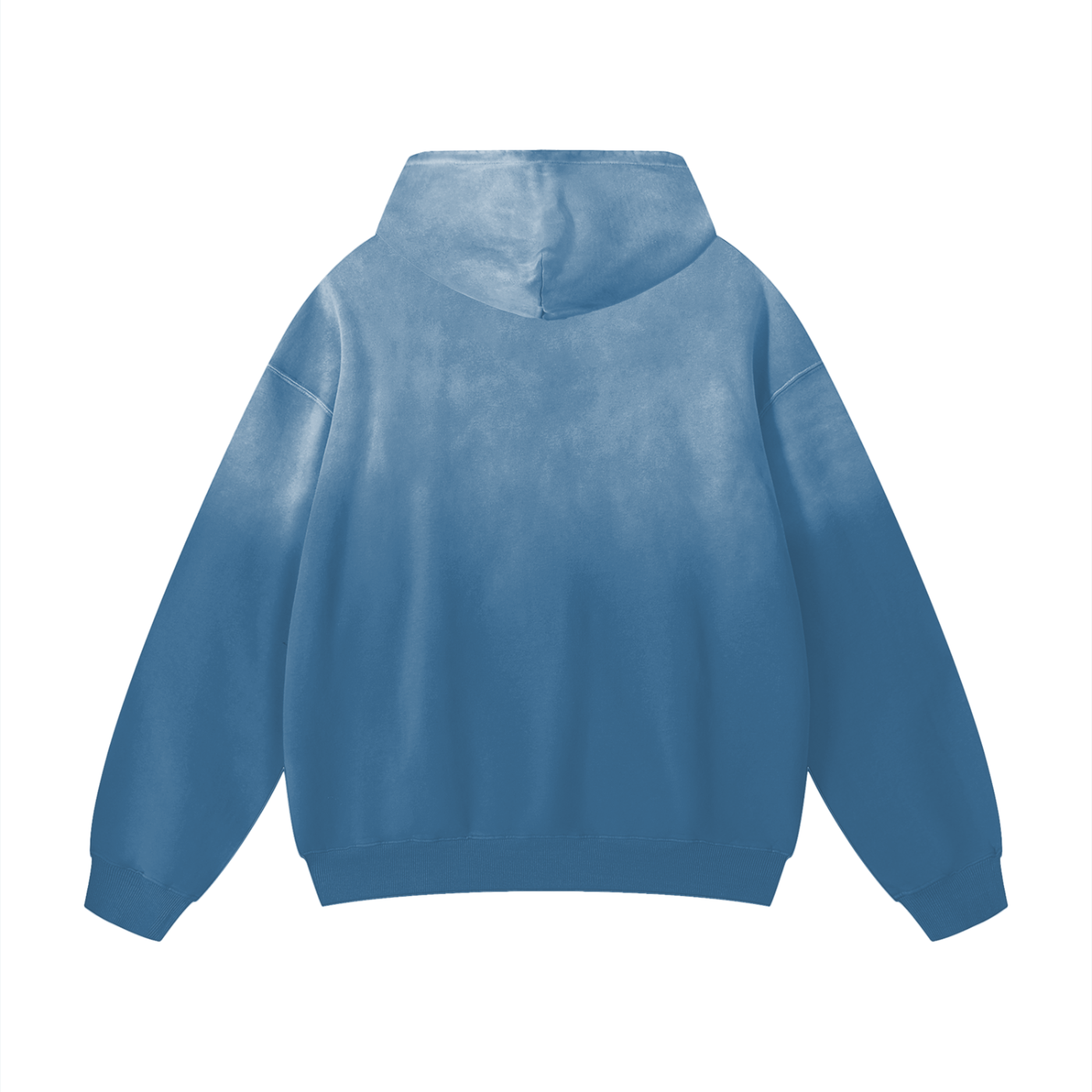 Sustainable Future-Homme Ombre Hoodie with kangaroo pockets in blue backside on a white background. 