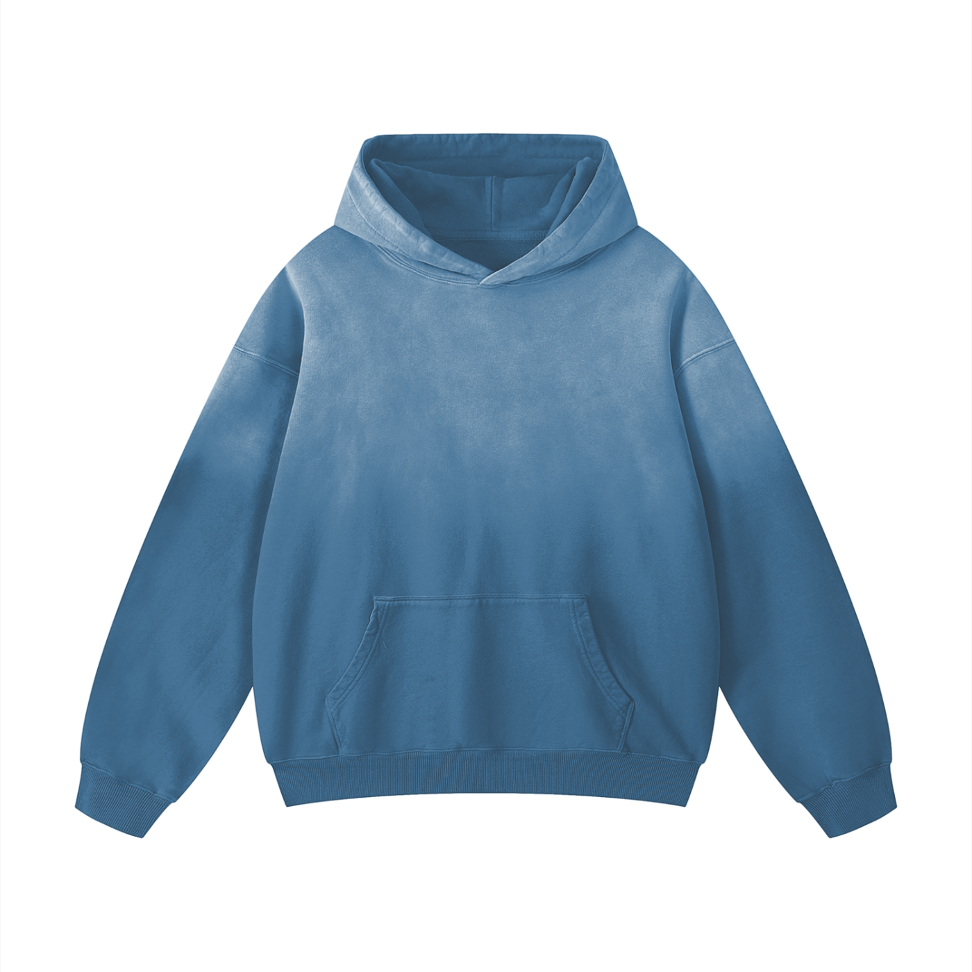 Sustainable Future-Homme Ombre Hoodie with kangaroo pockets in blue frontside on a white background. 