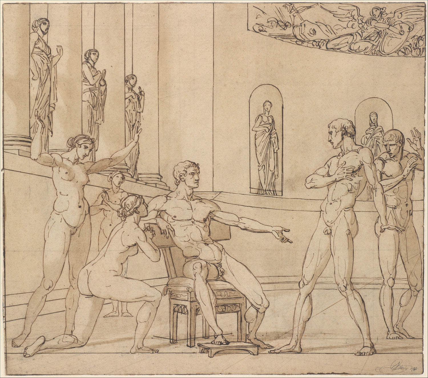 Artistic depiction of classical figures in a room with statues and architectural elements.
