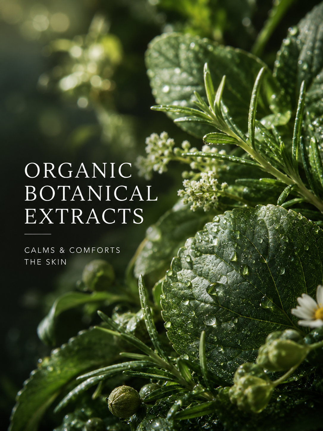 Organic botanical extracts with leaves and flowers, text overlay about calming and comforting the skin.