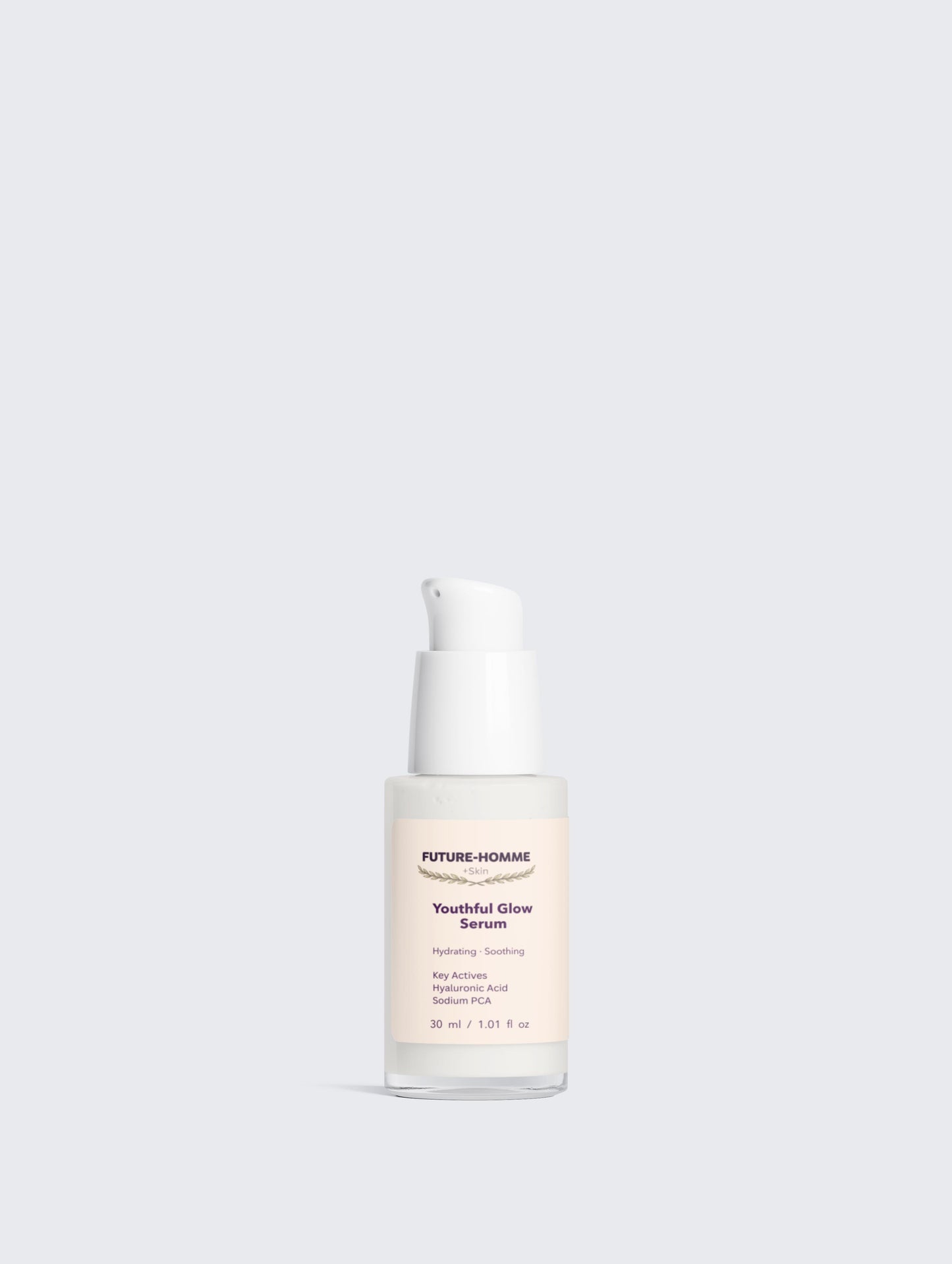 Skincare serum bottle labeled 'Youthful Glow Serum' on a light gray background