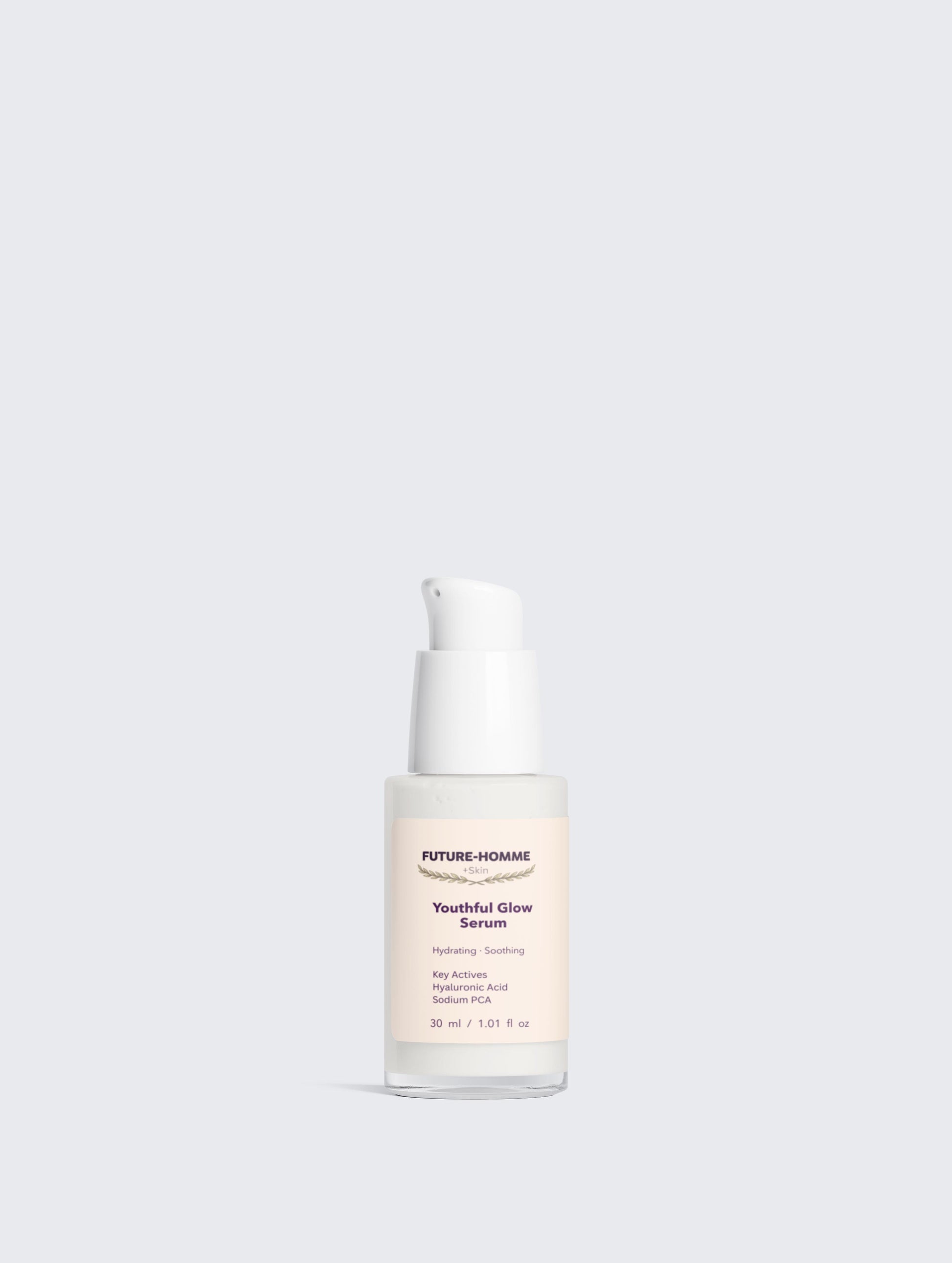 Skincare serum bottle labeled 'Youthful Glow Serum' on a light gray background
