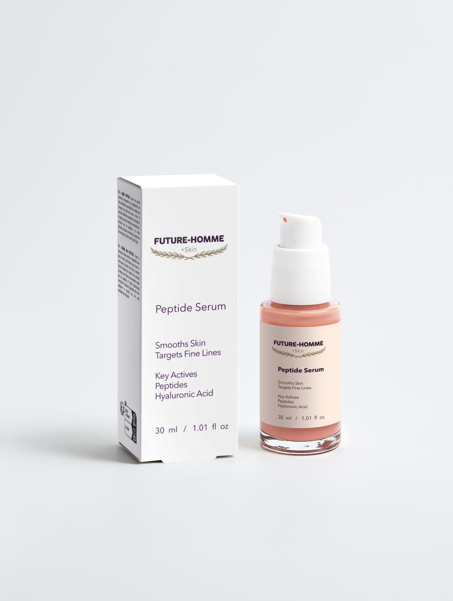 Peptide serum bottle and packaging with 'FUTURE-HOMME' branding on a white background