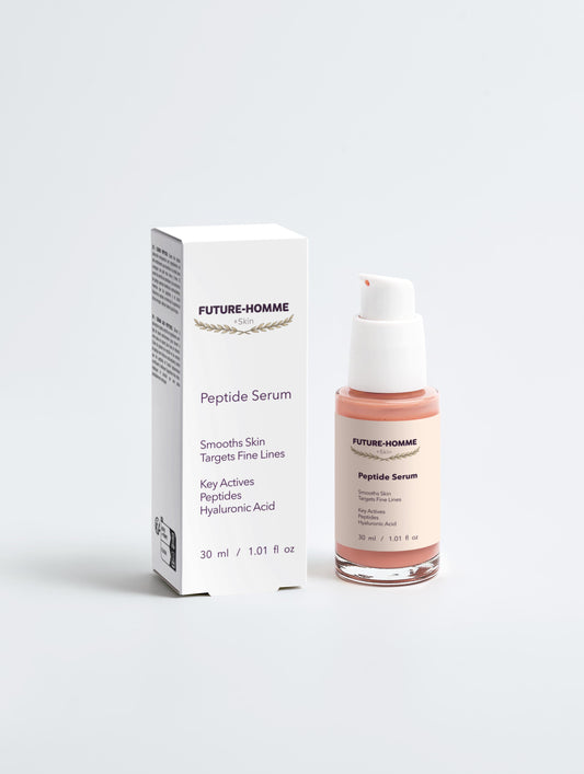 Peptide serum bottle and packaging with 'FUTURE-HOMME' branding on a white background