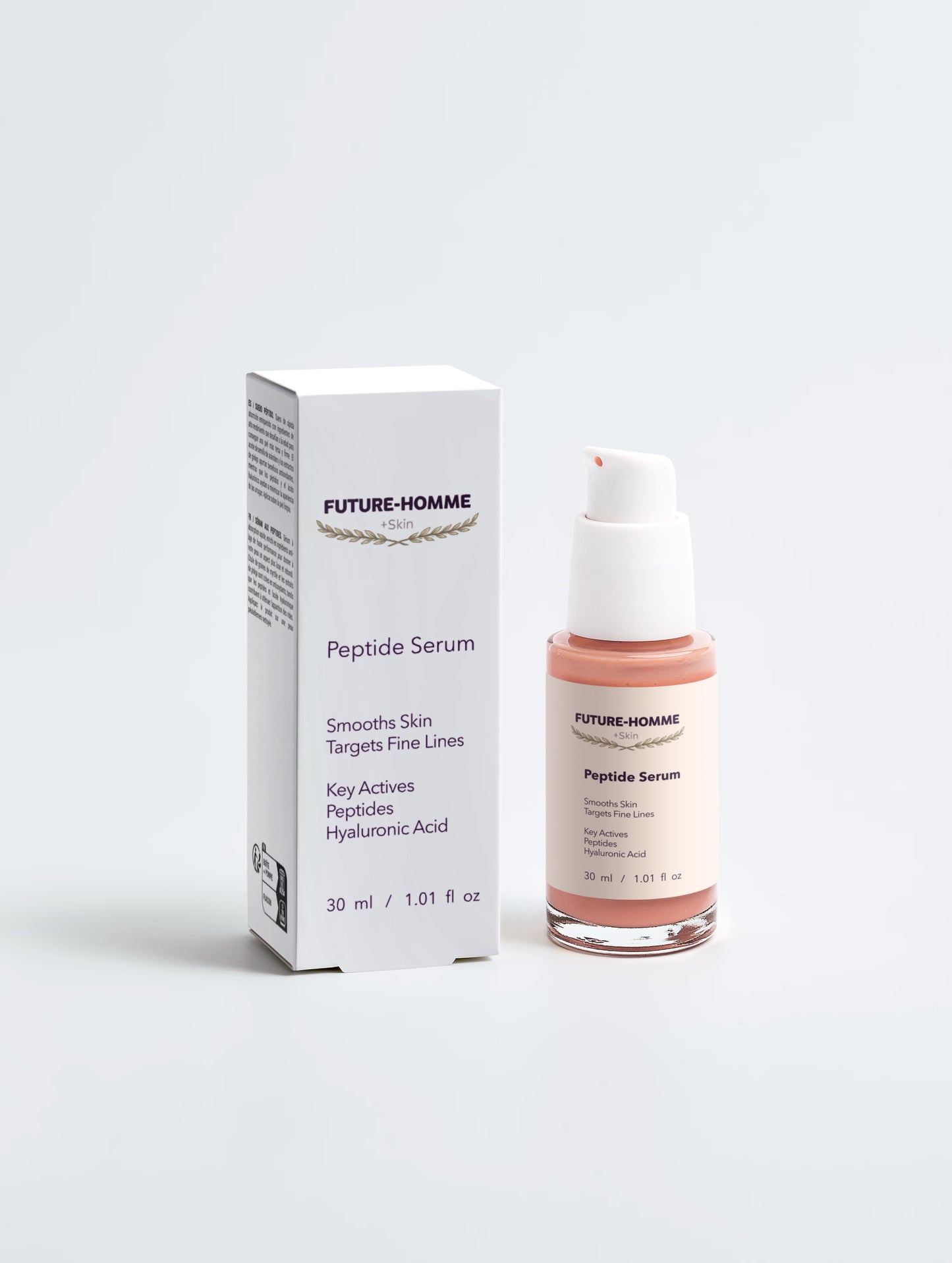 Peptide serum bottle and packaging with 'Future-Homme' branding on a white background