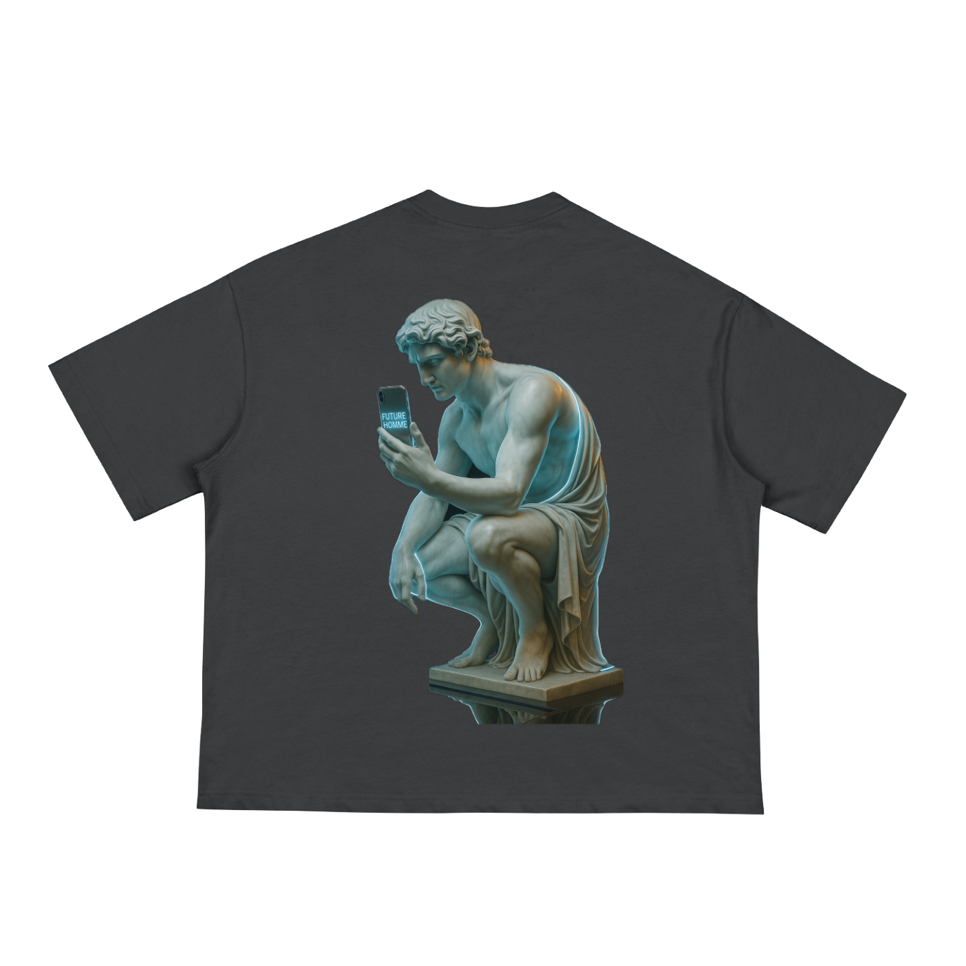 Flat lay of the sustainable Future-Homme Philosophy Graphics classic boxy tee in black of Narcissus in marble, sitting while taking a selfie of himself with a smart phone and the Future-Homme logo on the back of it on a white background 