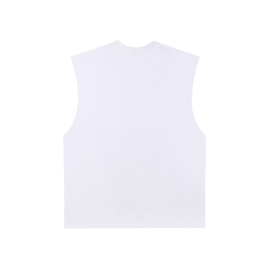 Flat lay of the sustainable Future-Homme philosophy graphics Hermes raw edge cotton tank top backside in white on a white background 