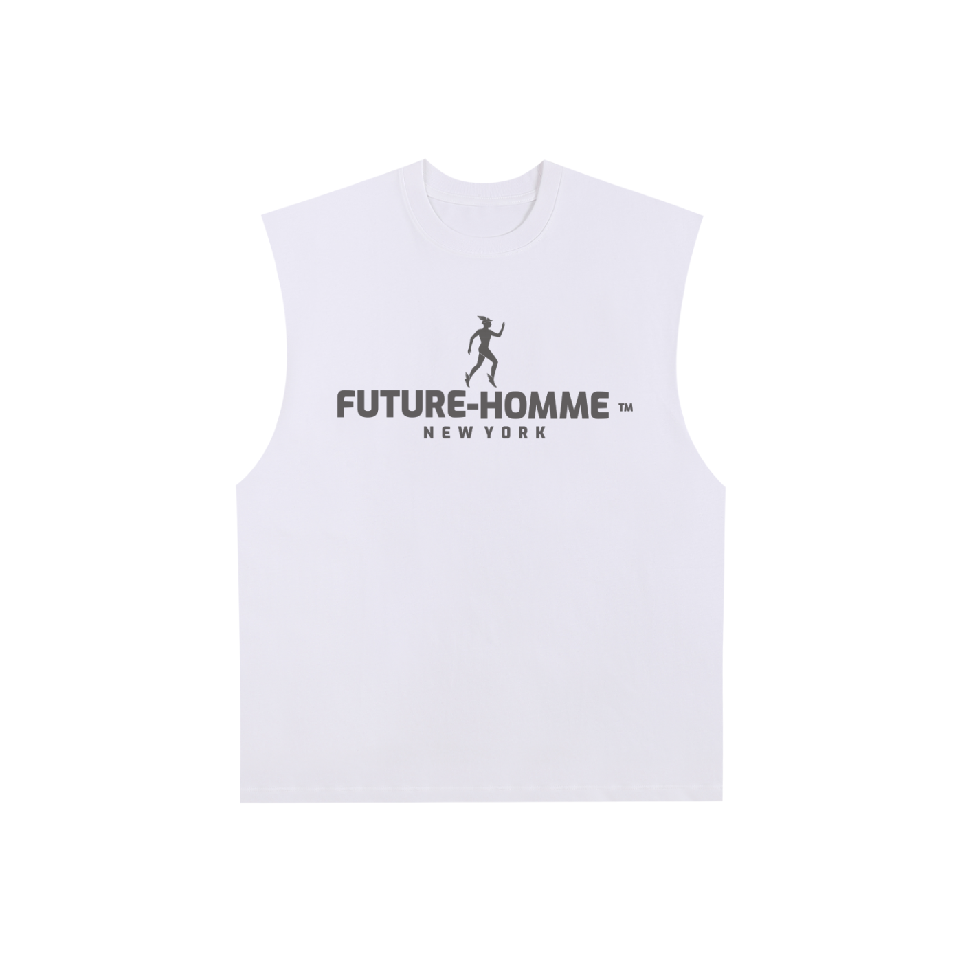 Flat lay of the sustainable Future-Homme philosophy graphics Hermes raw edge cotton tank top with Hermes moving in a forward motion standing above the Future-Homme New York logo in light gray  in white on a white background