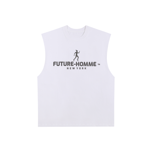 Flat lay of the sustainable Future-Homme philosophy graphics Hermes raw edge cotton tank top with Hermes moving in a forward motion standing above the Future-Homme New York logo in light gray  in white on a white background