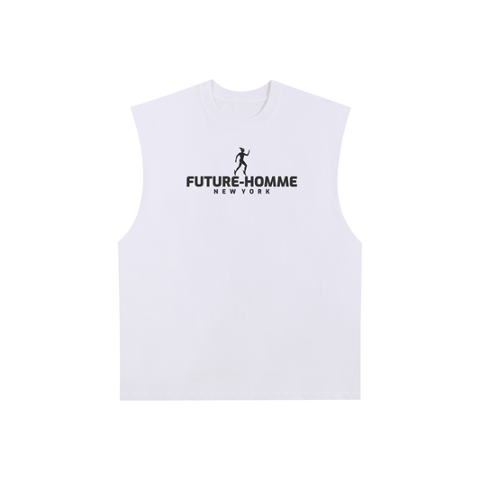 White sleeveless shirt with 'Future Homme New York' logo on a white background