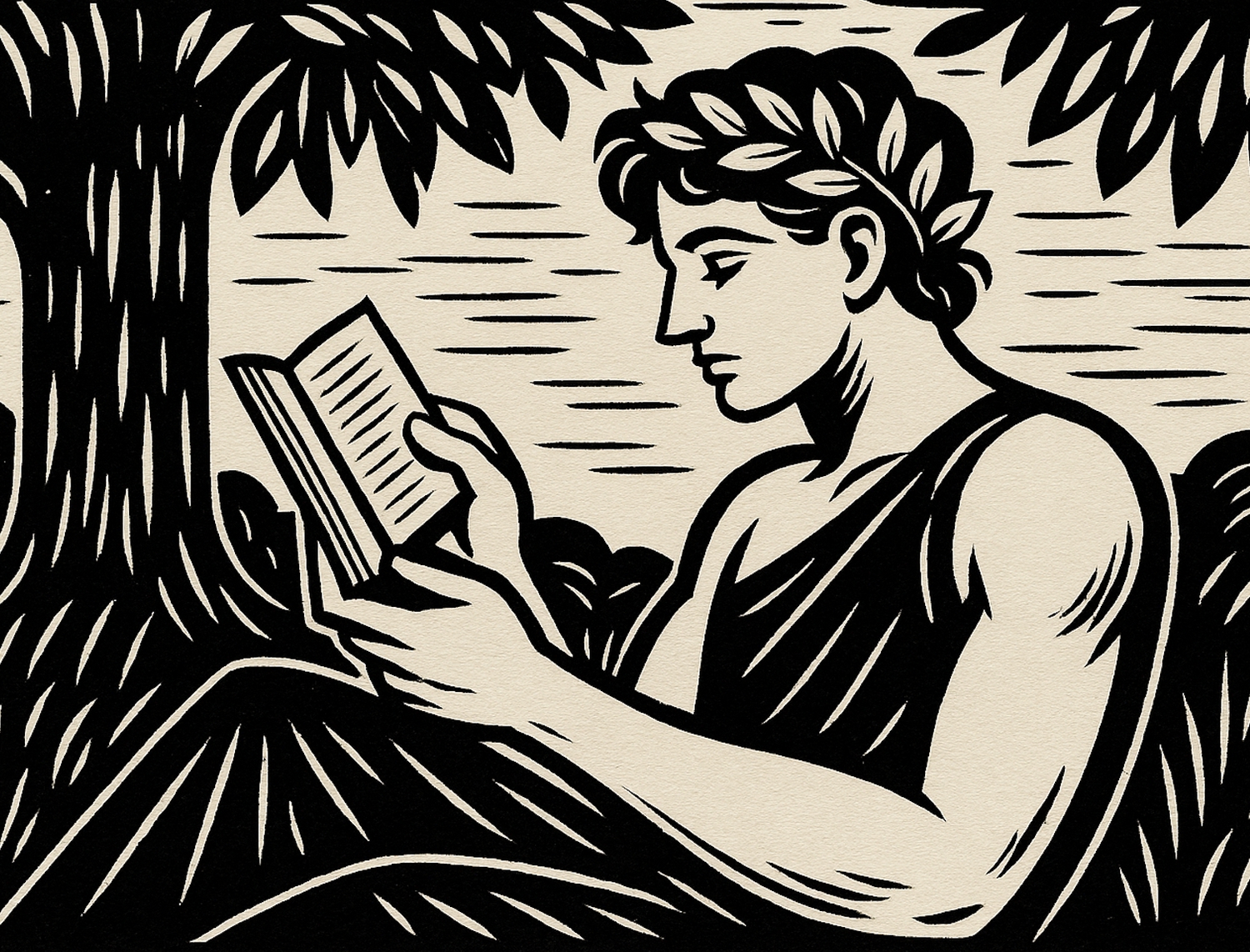 Illustration of Narcissus, a classic figure reading the Future-Homme Philosophy in a natural setting in between two trees. 