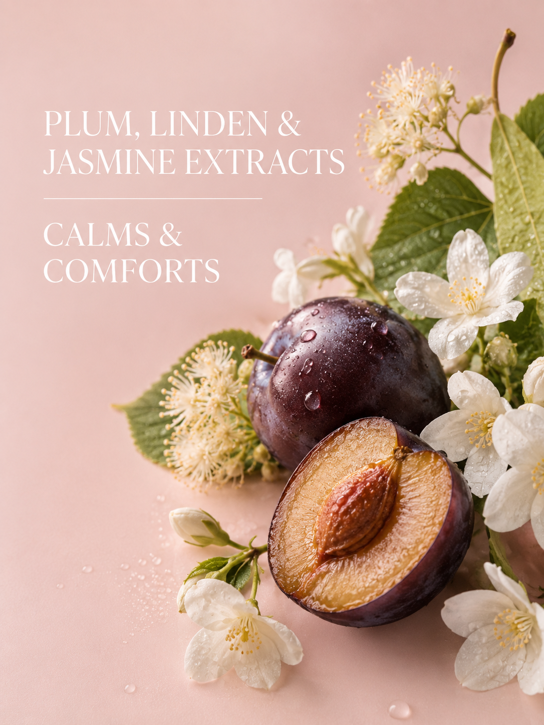 Plum, linden leaves, and jasmine flowers on a pink background with text 'Plum, Linden & Jasmine Extracts Calms & Comforts'.