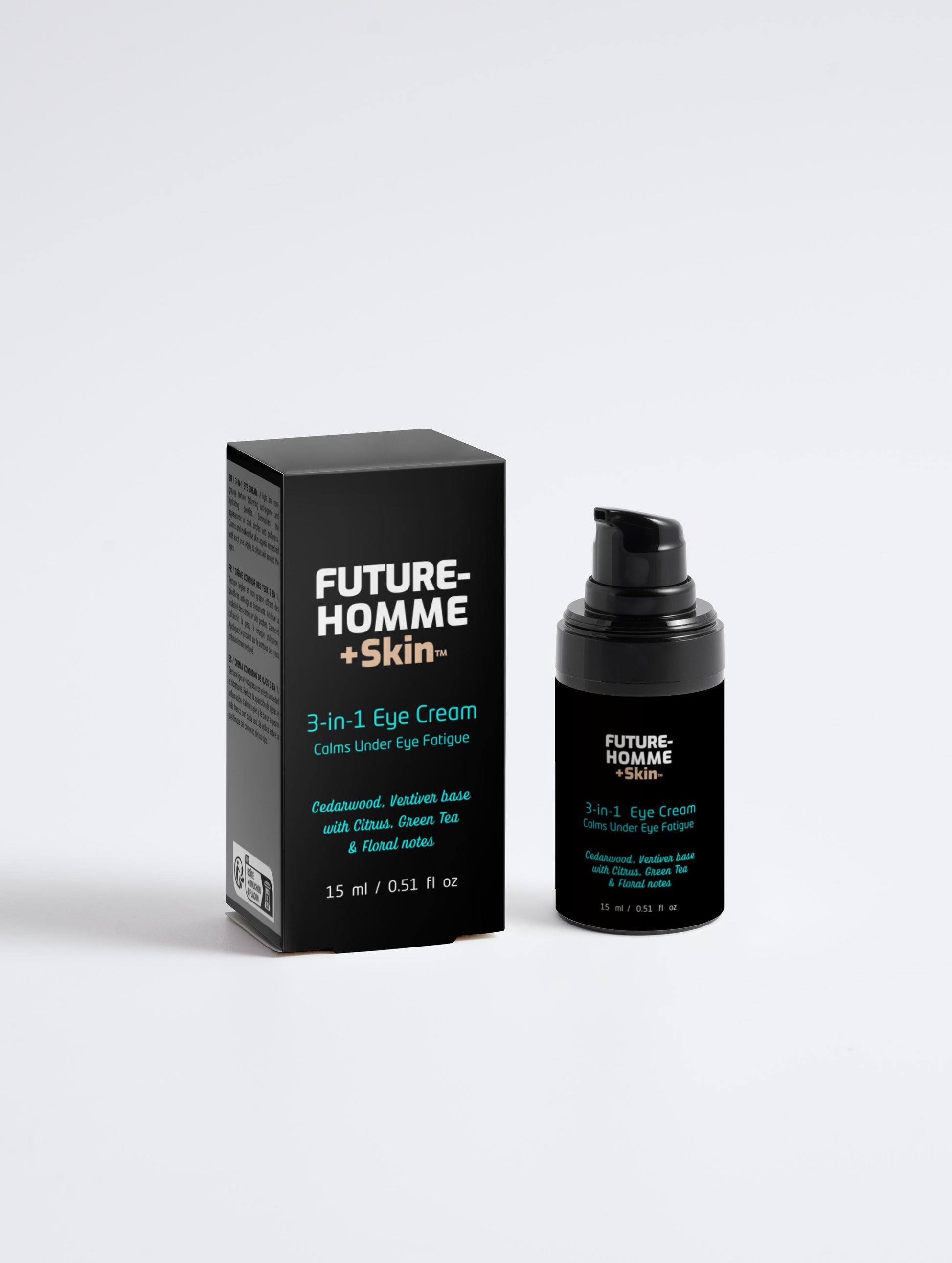Black eye cream bottle and packaging with 'Future-Homme+Skin' branding on a white background