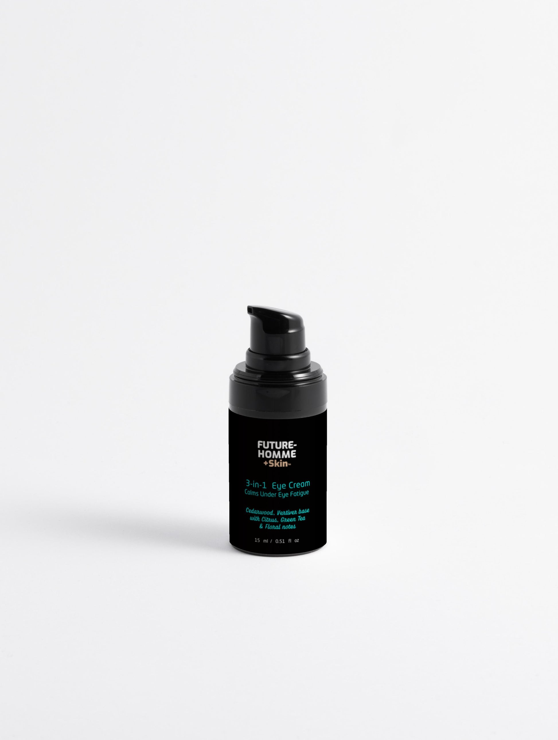 A black small pump vessel for the 3-in-1 Eye Cream by Future Homme Plus Skin on a white background. 