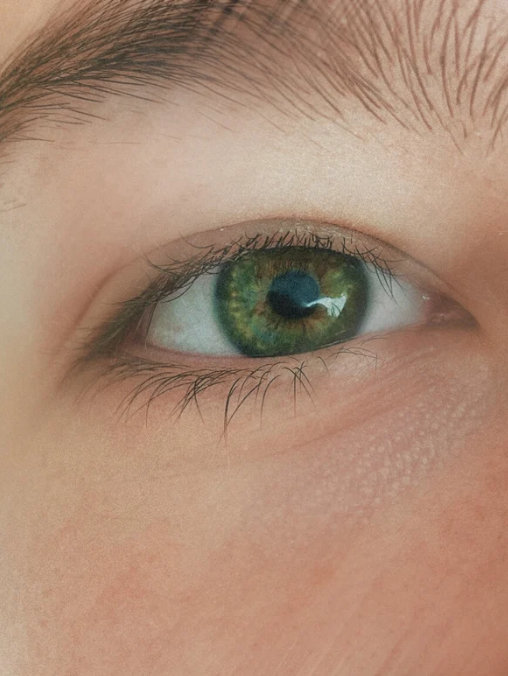 Close-up of a person's green eye with detailed eyelashes and skin texture.