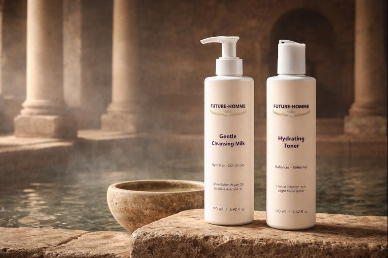 Two bottles of Future-Homme skincare products on a stone surface with classical architecture in the background.