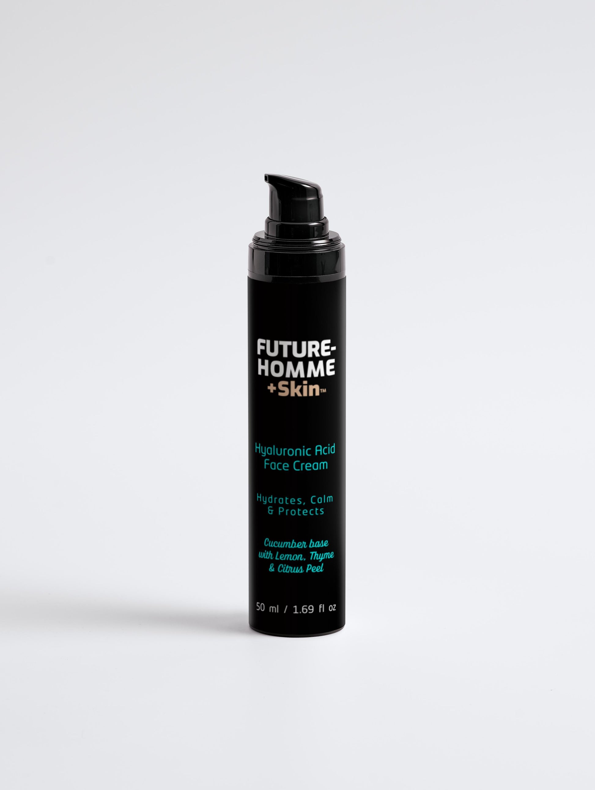Bottle of the Future-Homme Plus Skin Hyaluronic Acid Face Cream on a white background. 