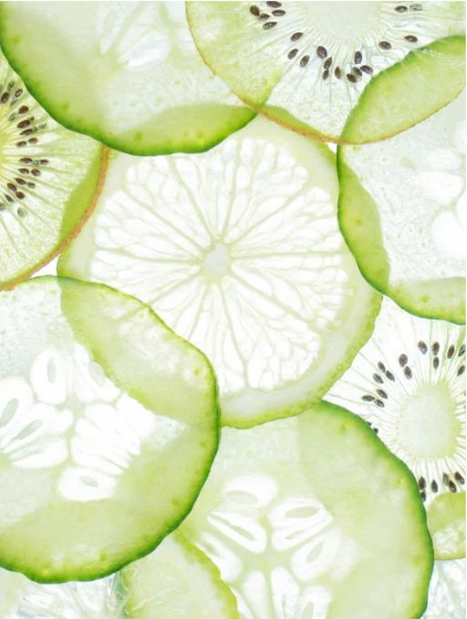 Transparent slices of kiwi and lime fruit backlit. 