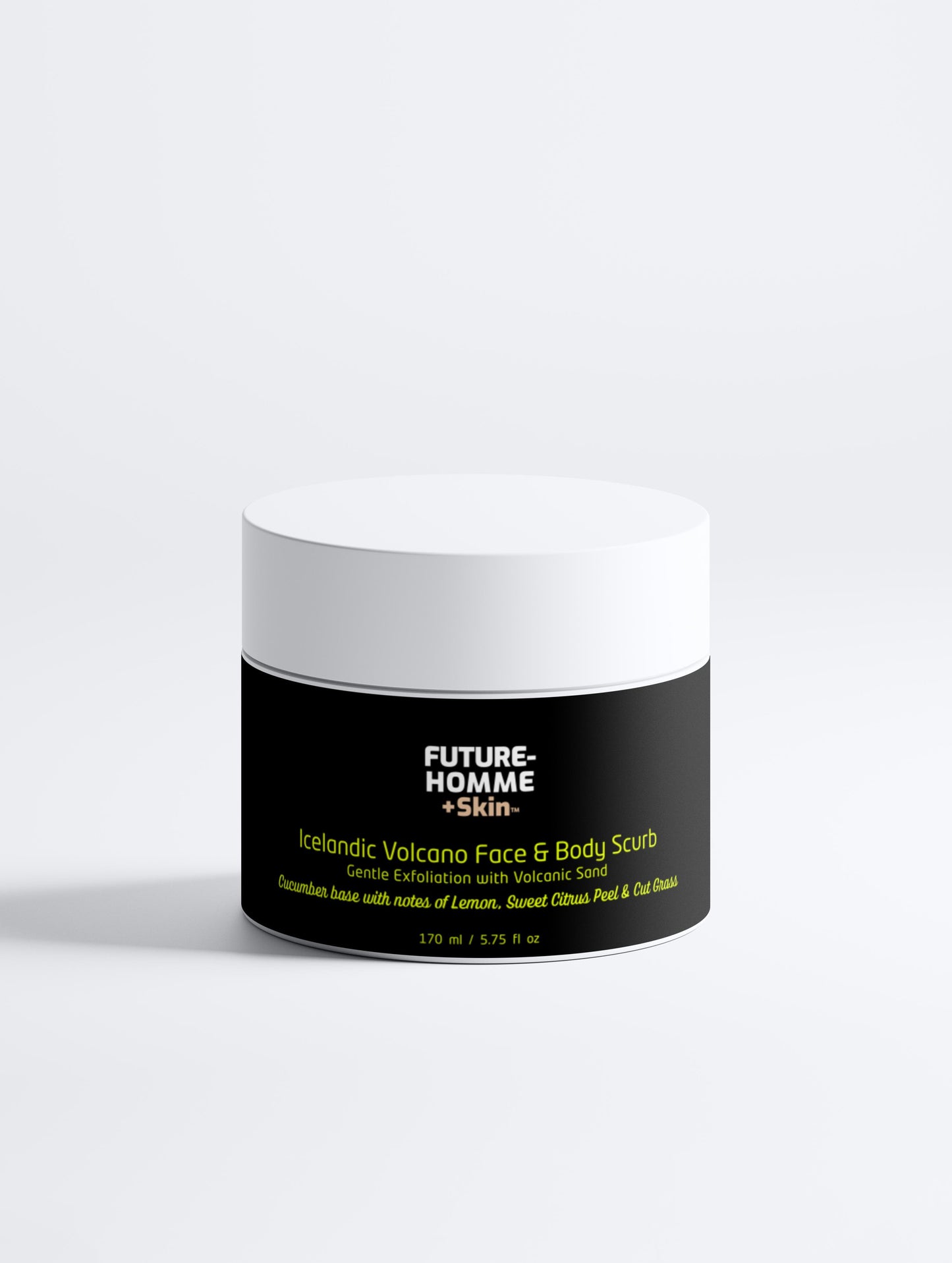 Jar of Future Homme Skim Icelandic Volcano Face & Body Scrub on a white background
