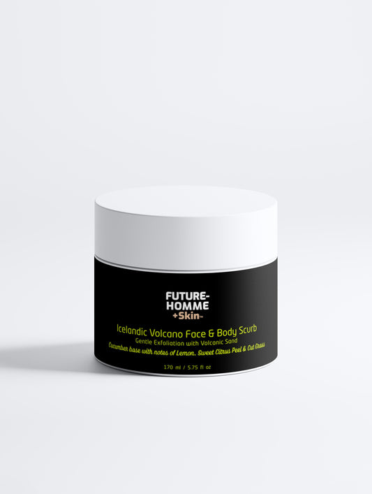 Jar of Future Homme Skim Icelandic Volcano Face & Body Scrub on a white background