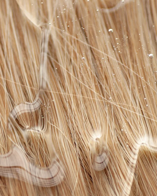 Close-up of product on blonde hair. 