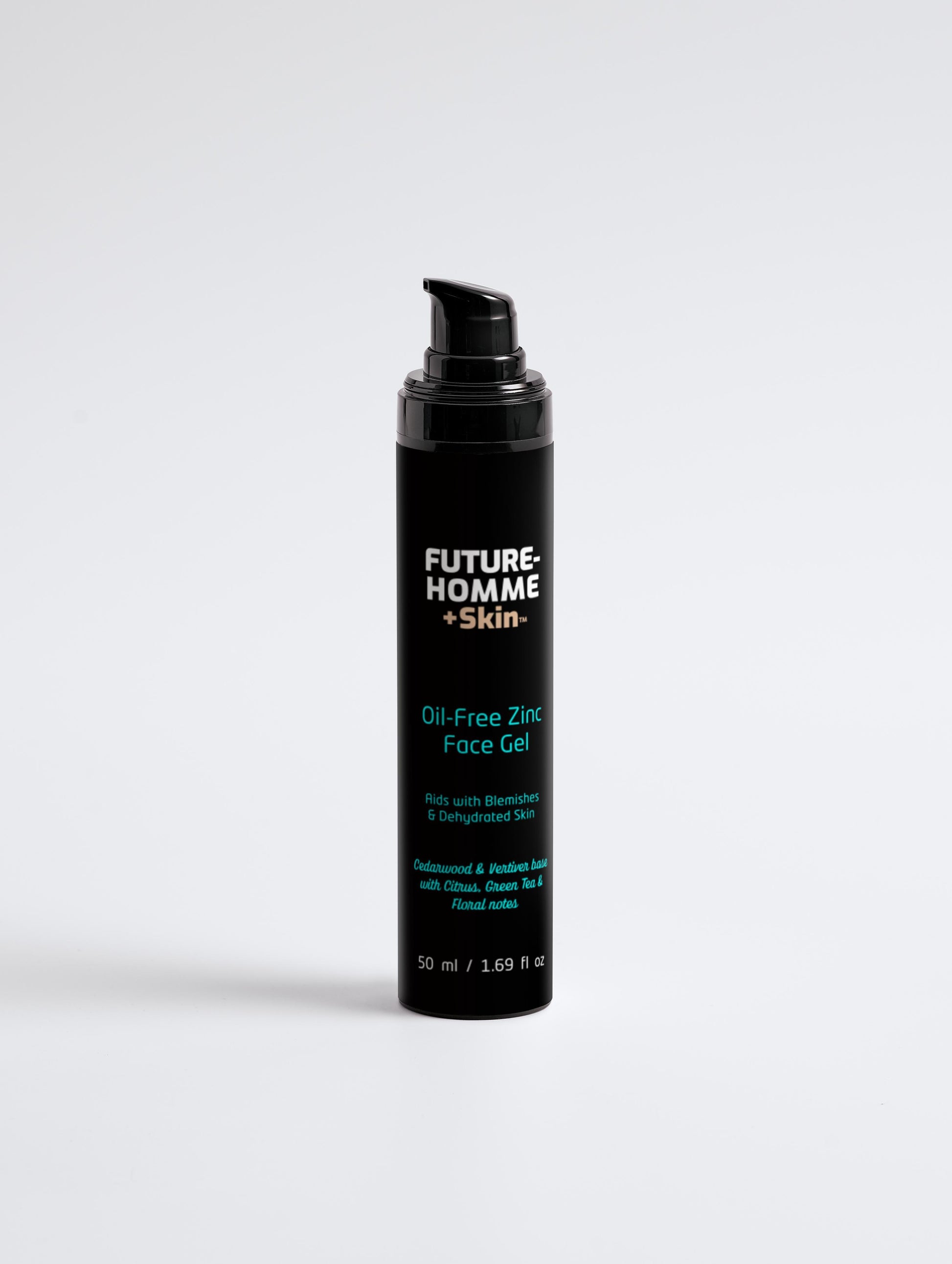A black bottle of Future-Homme Plus Skin Oil Free Zinc Face Gel on a white background. 