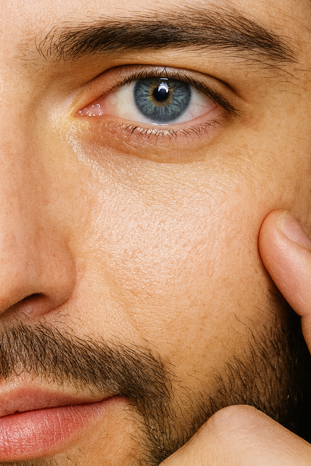Close up of a male models face for the Future-Homme plus skin peptide anti age serum. 