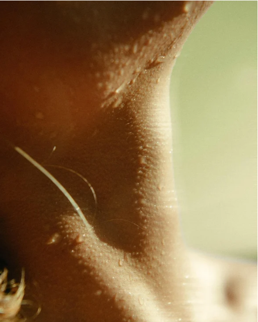 Close-up of the neck area of a model. 
