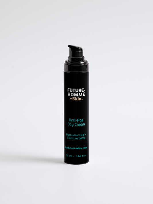 Close up shot of a black pump bottle of Future-Homme plus skin anti age day cream on a white background 