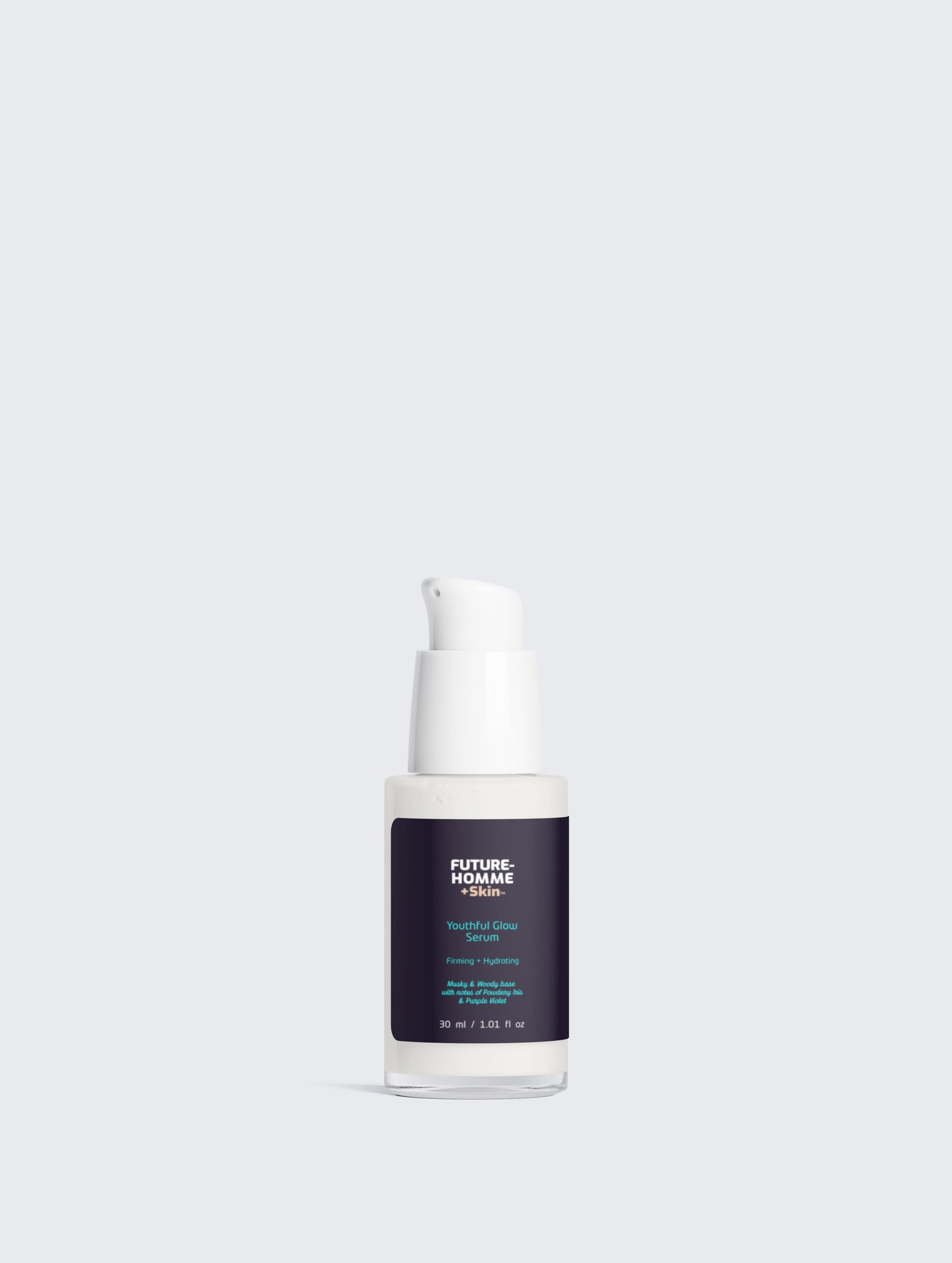 Skincare serum bottle of Future-Homme Plus Skin on a white background. 