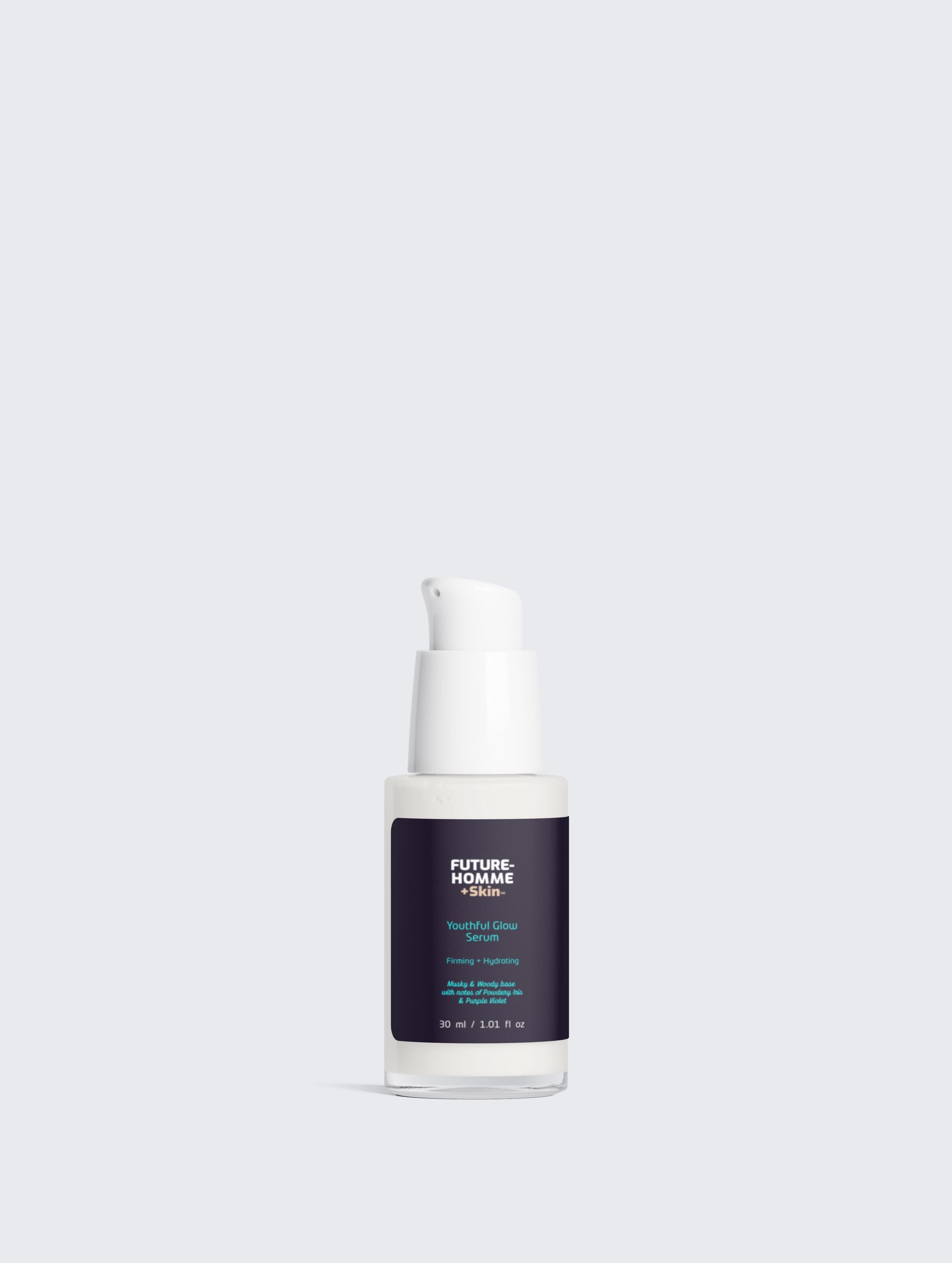 Skincare serum bottle of Future-Homme Plus Skin on a white background. 