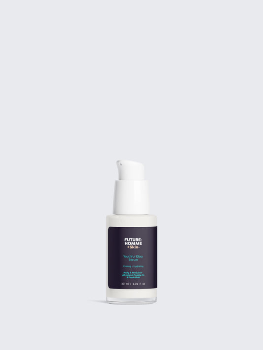 Skincare serum bottle of Future-Homme Plus Skin on a white background. 