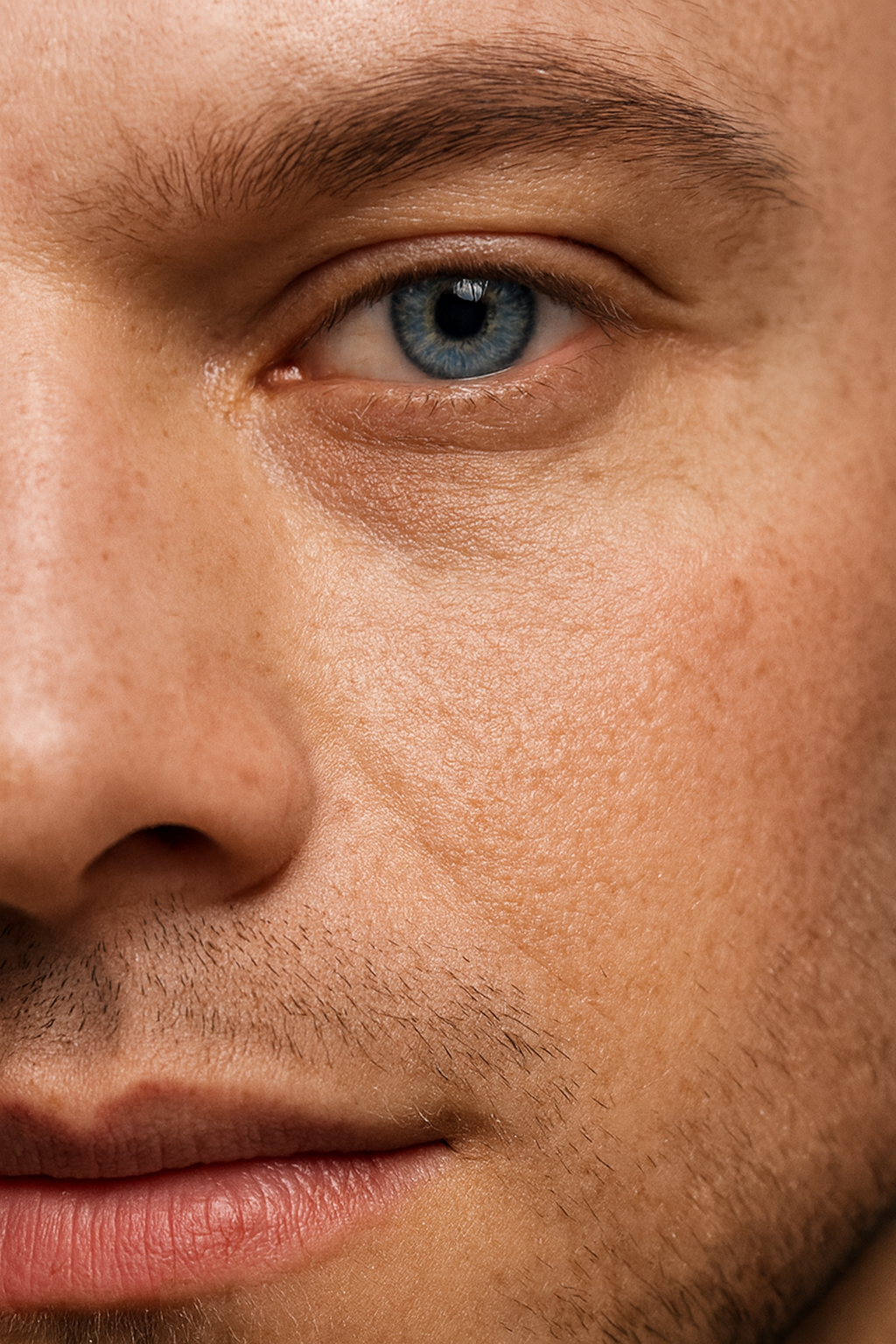 A close up of one side of a males eyes open, nose and lips with slight facial hair. 