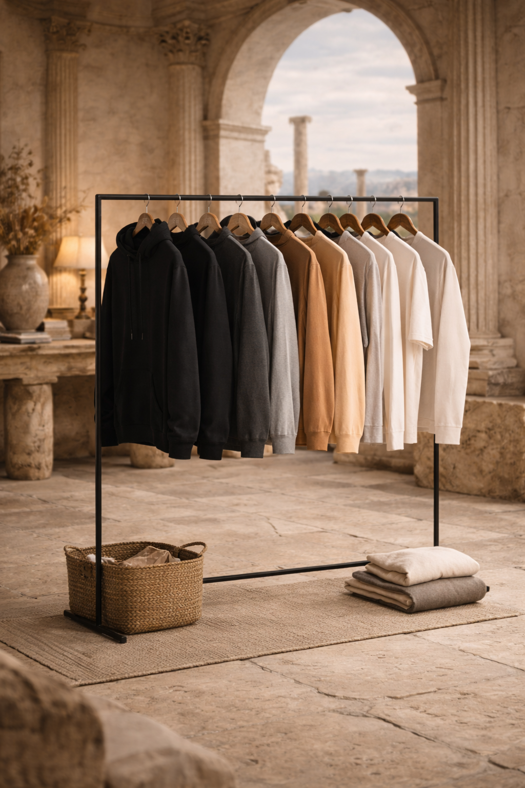 Clothing rack with clothes in a room with stone walls and a large window.