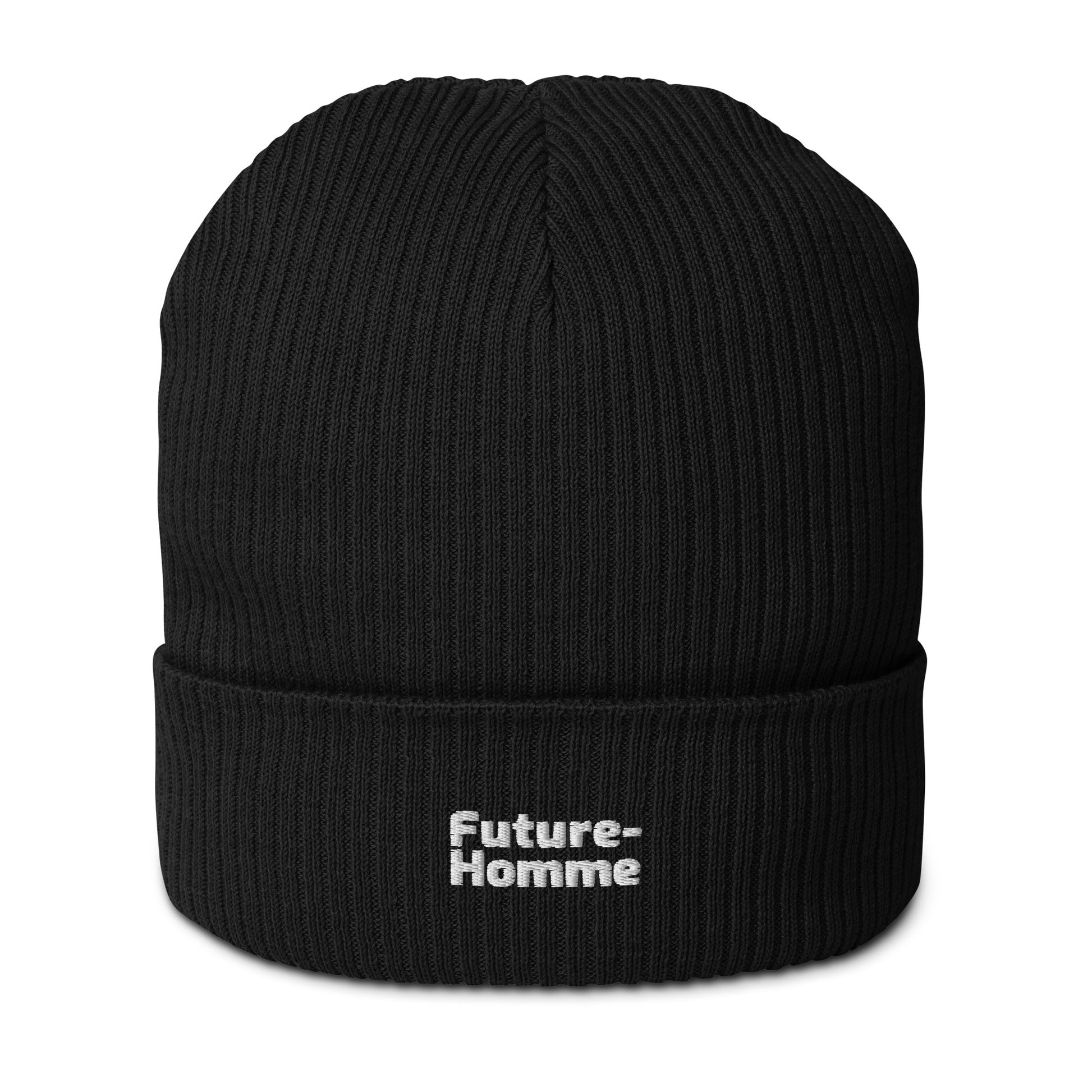 Black beanie with 'Future-Homme' text on a white background