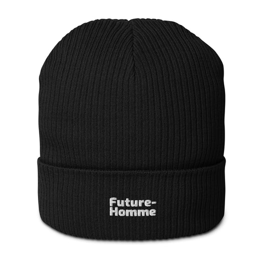 Black beanie with 'Future-Homme' text on a white background