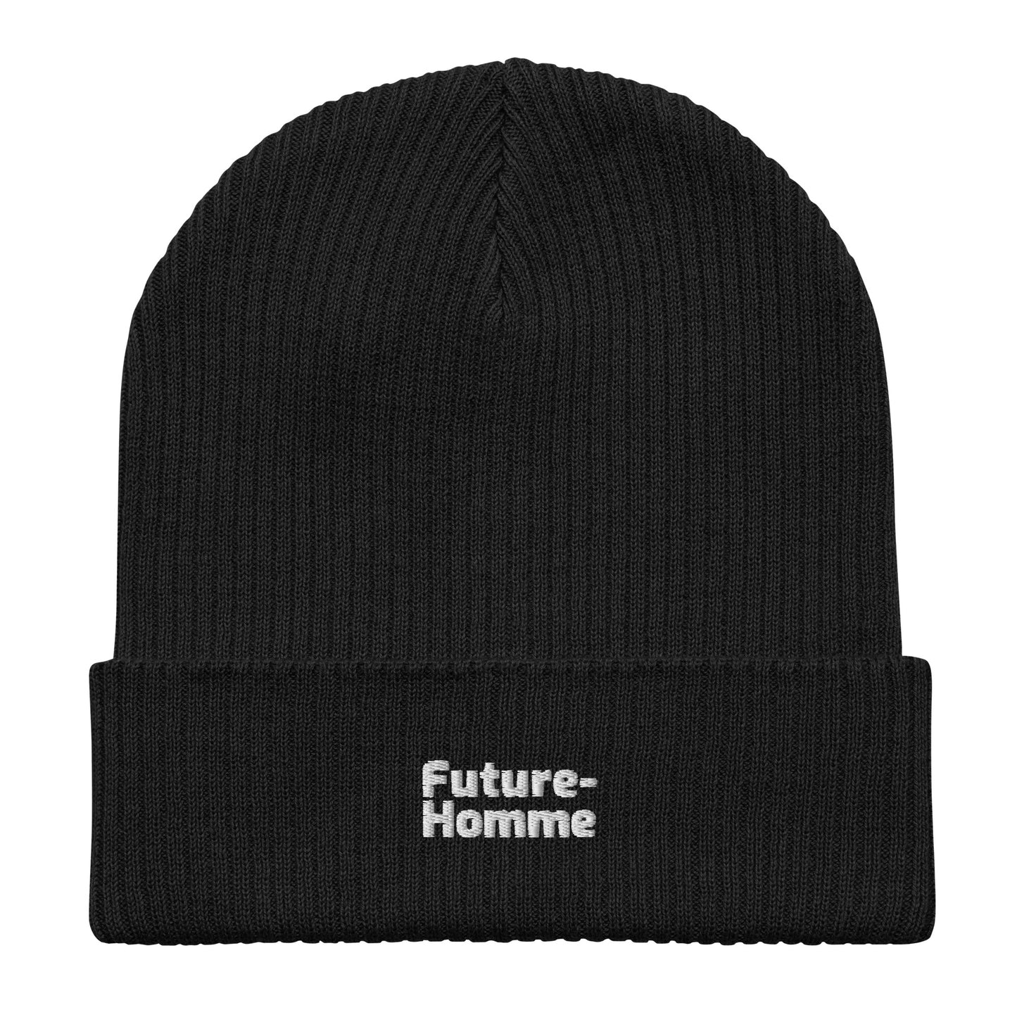 Black beanie with 'Future-Homme' logo on a white background