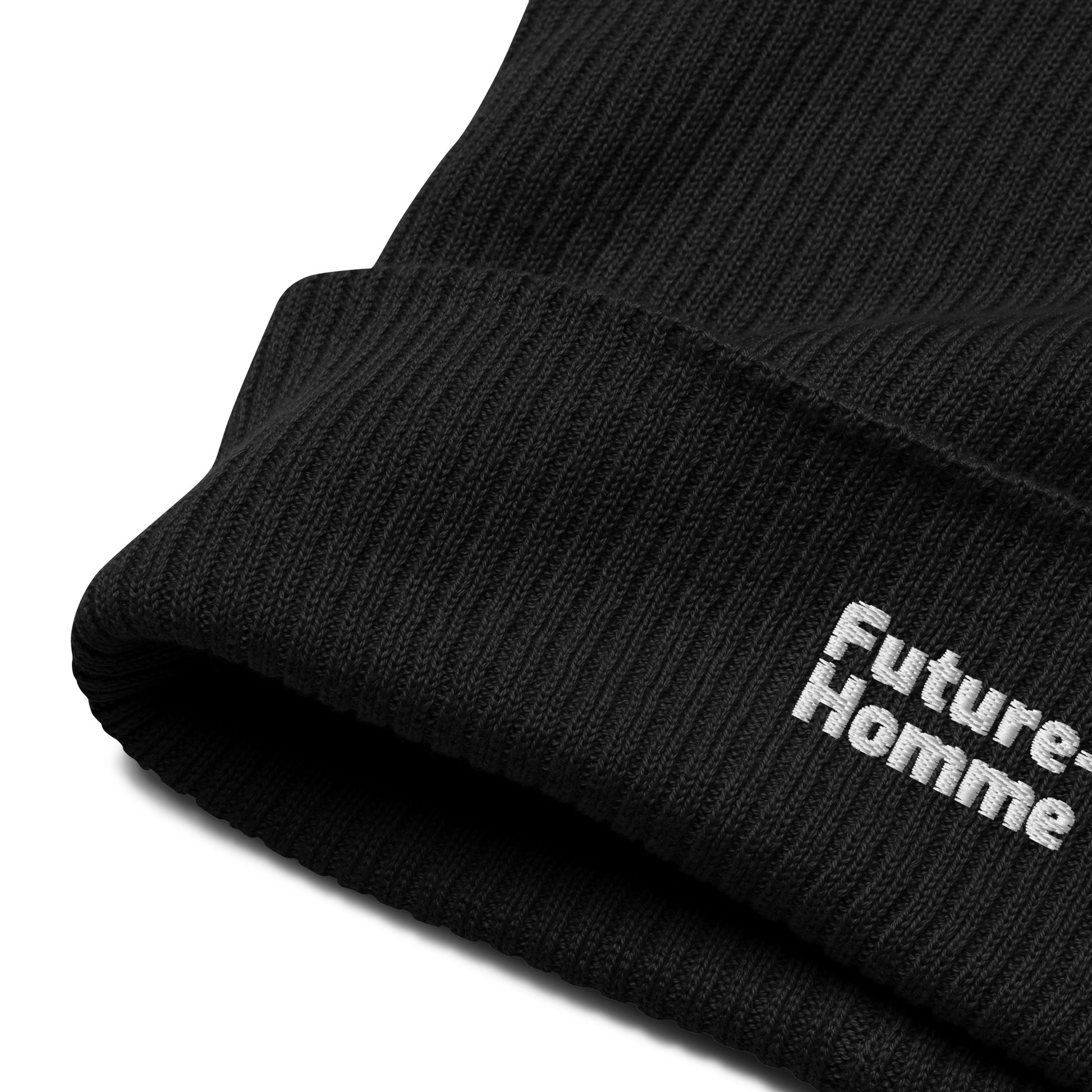 Black beanie with 'Future Homme' text on a white background