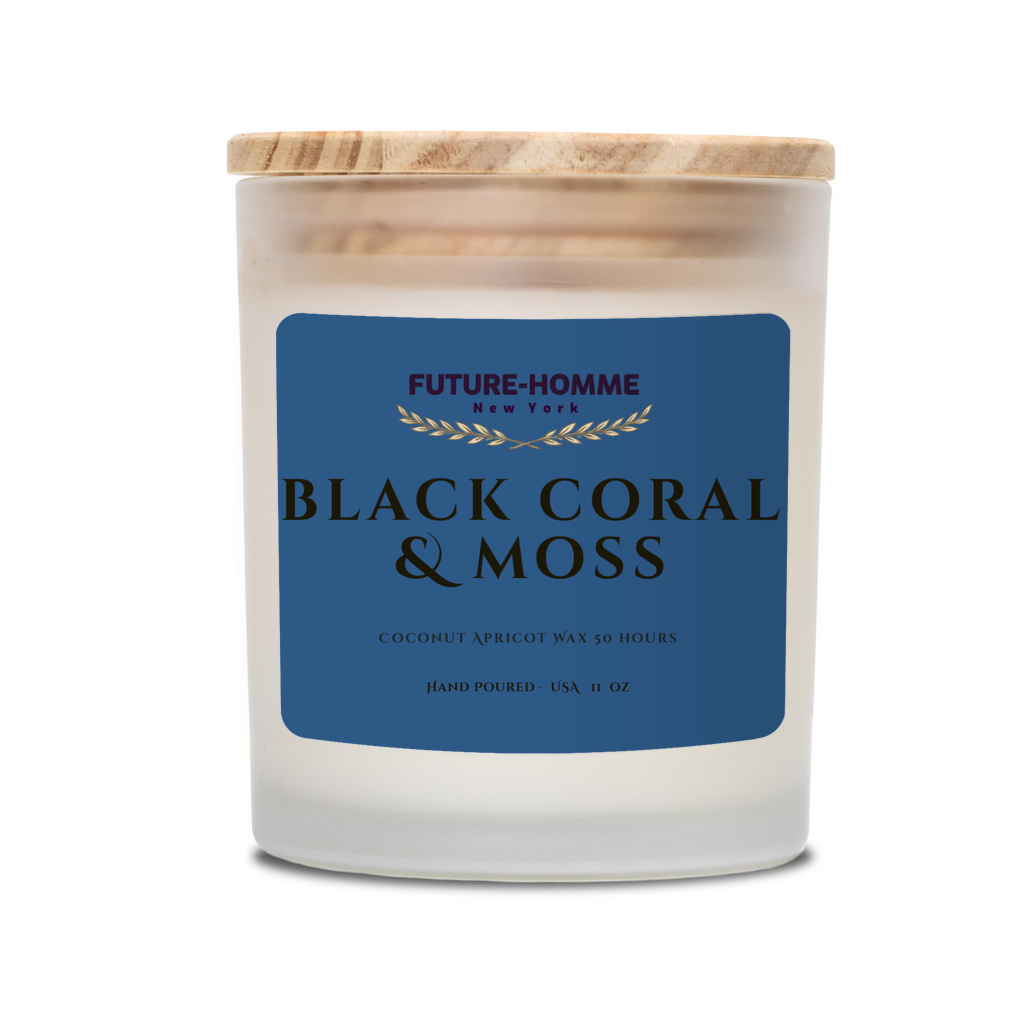 Candle with a blue label reading 'Black Coral & Moss' by Future-Homme on a white background.
