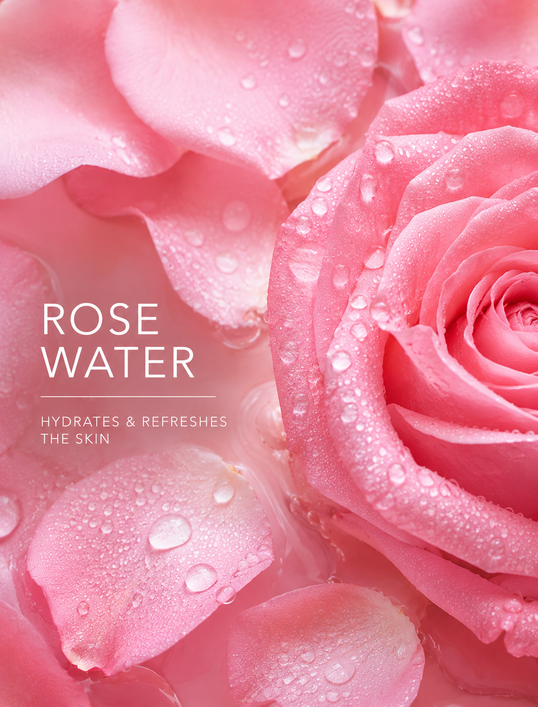 Close-up of pink roses with water droplets and text 'Rose Water' on a pink background.