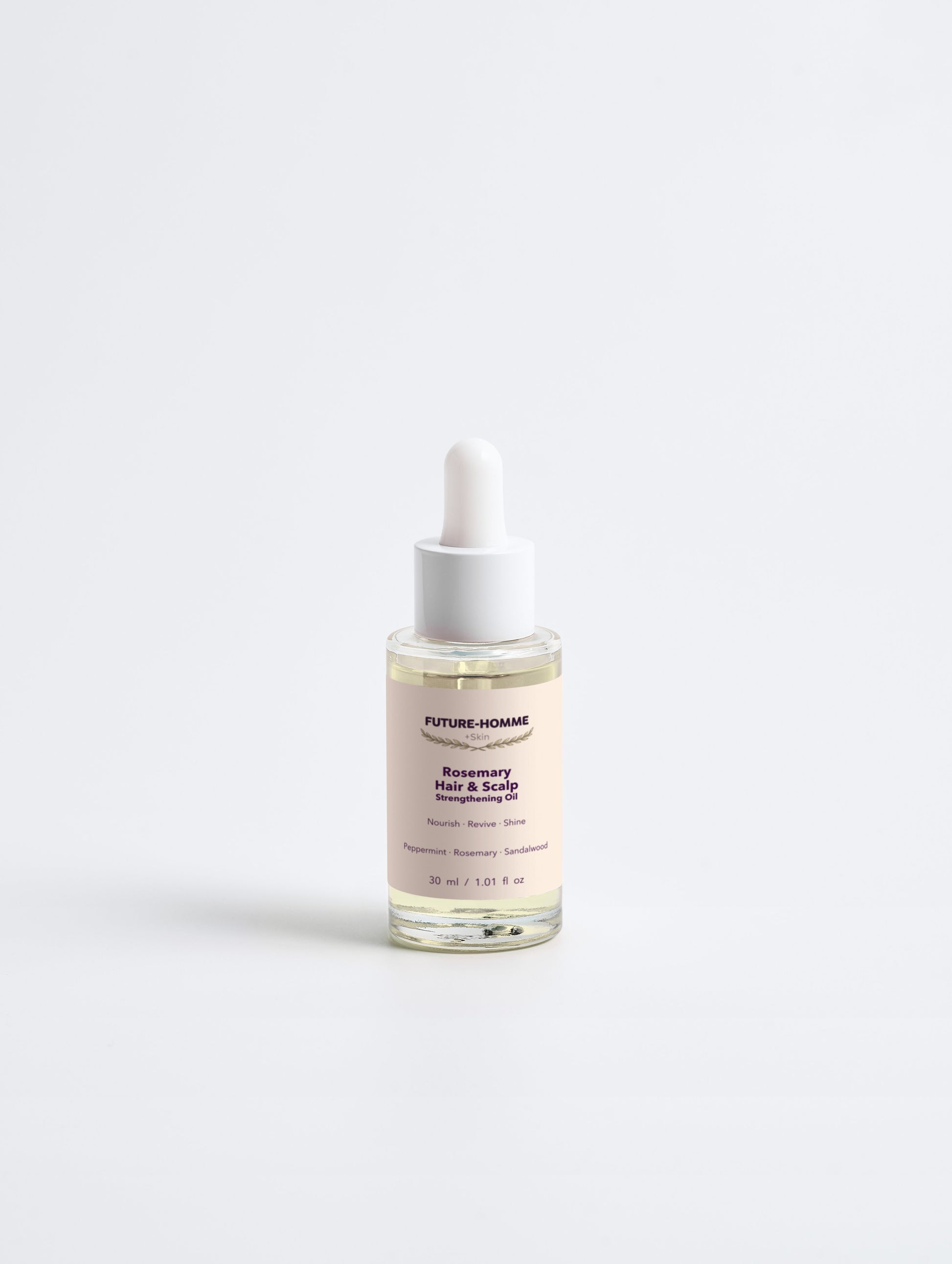 Bottle of Future Homme Rosemary Hair & Scalp Oil on a white background