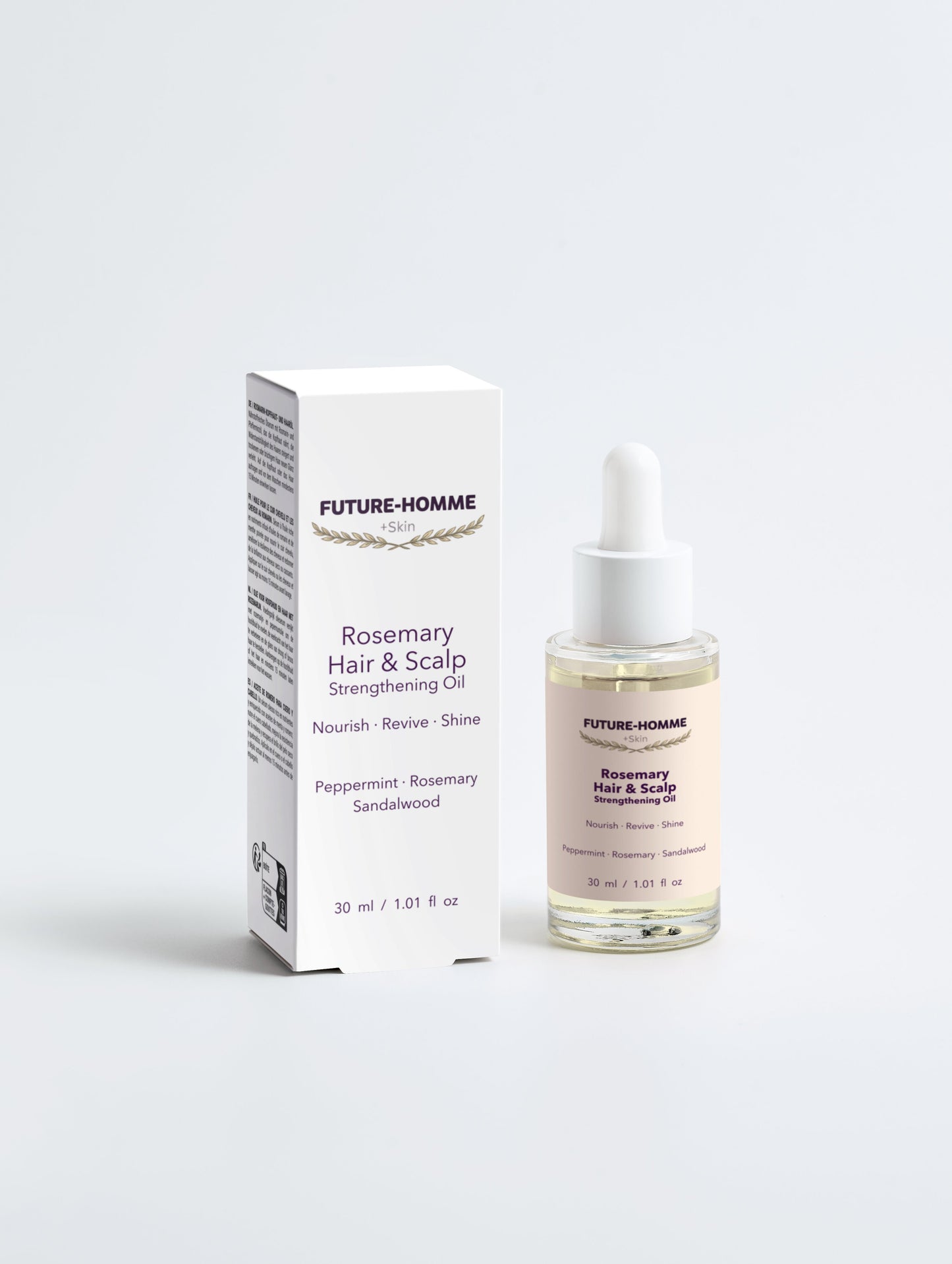 Bottle and box of Future-Homme Rosemary Hair & Scalp Strengthening Oil on a white background
