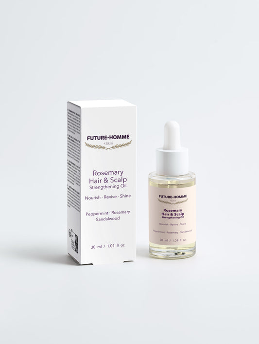 Bottle and box of Future-Homme Rosemary Hair & Scalp Strengthening Oil on a white background