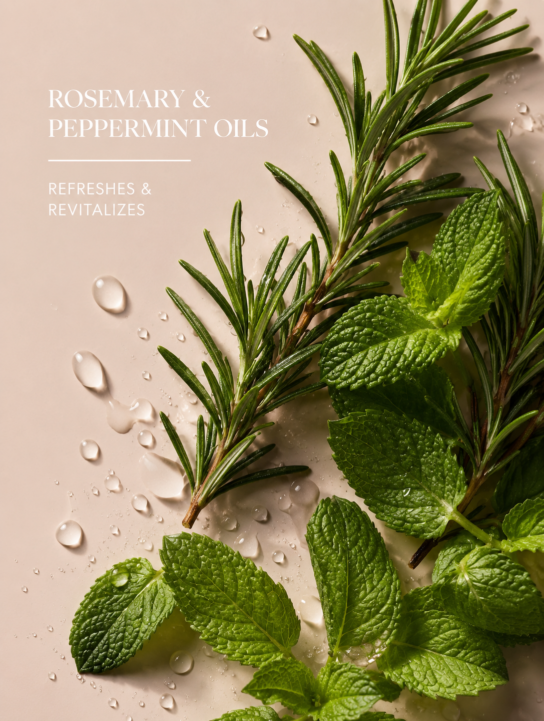 Rosemary and peppermint leaves with water droplets on a beige background
